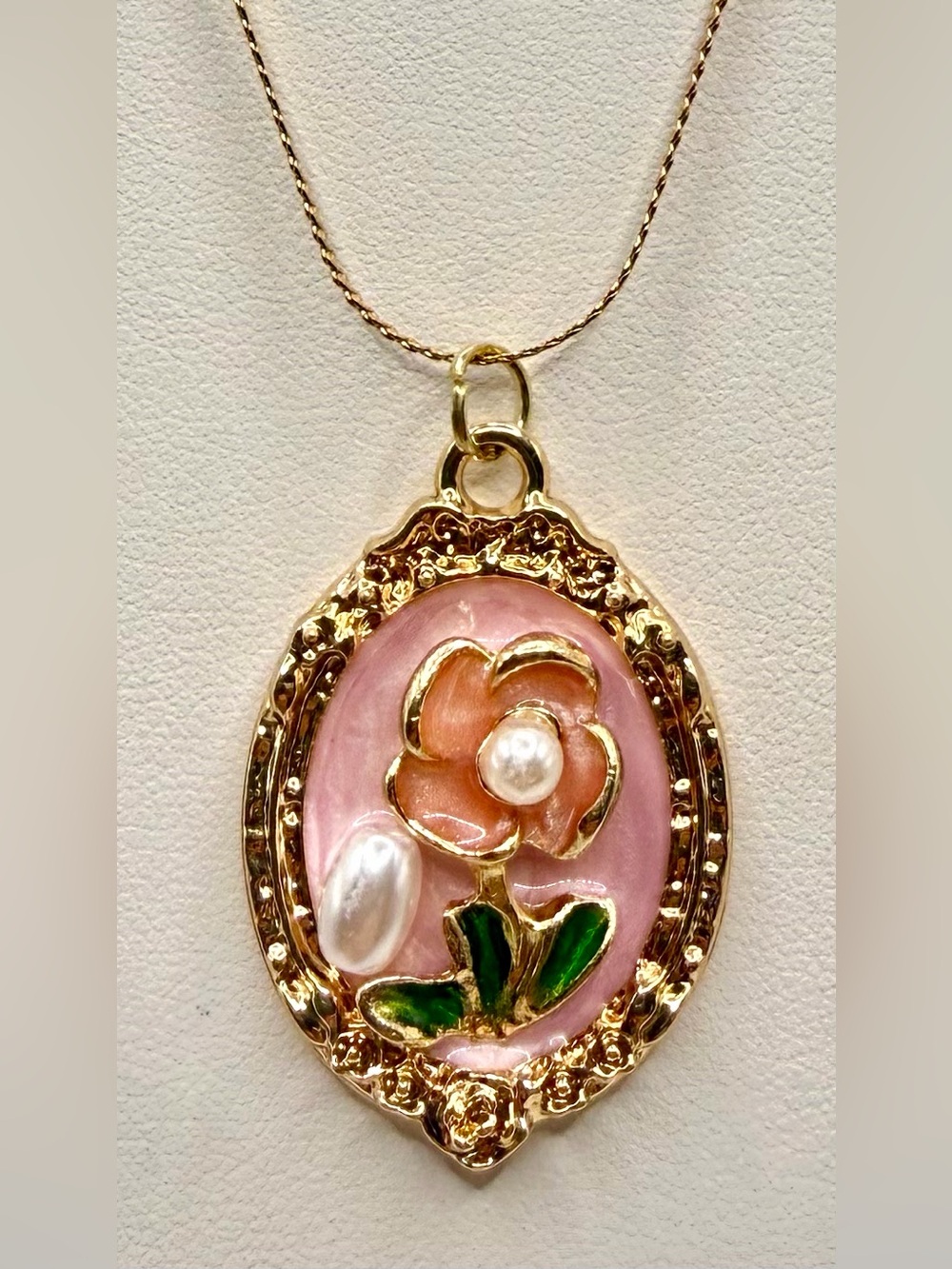 Gold Floral Pendant Necklace Pink Enamel Pearl Accent Vintage Style